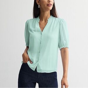 NWT Nine West Mint Green Button Front Blouse with Ruffled Sleeves XL
